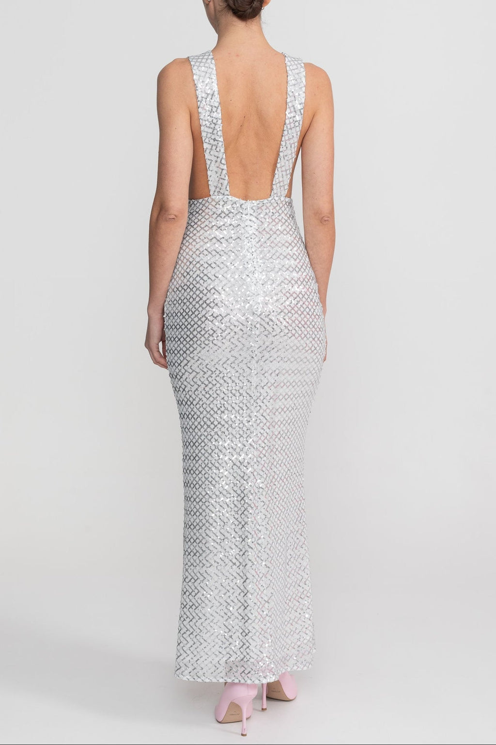 Sequin Maxi Dress With Satin Bow Detail - Light Grey Avalabel