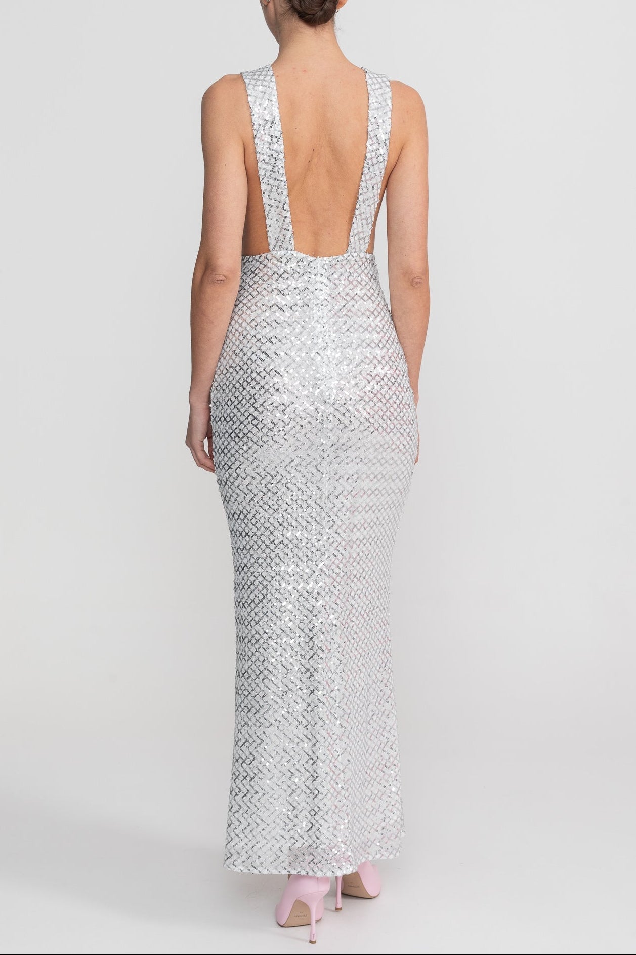 Sequin Maxi Dress With Satin Bow Detail - Light Grey Avalabel