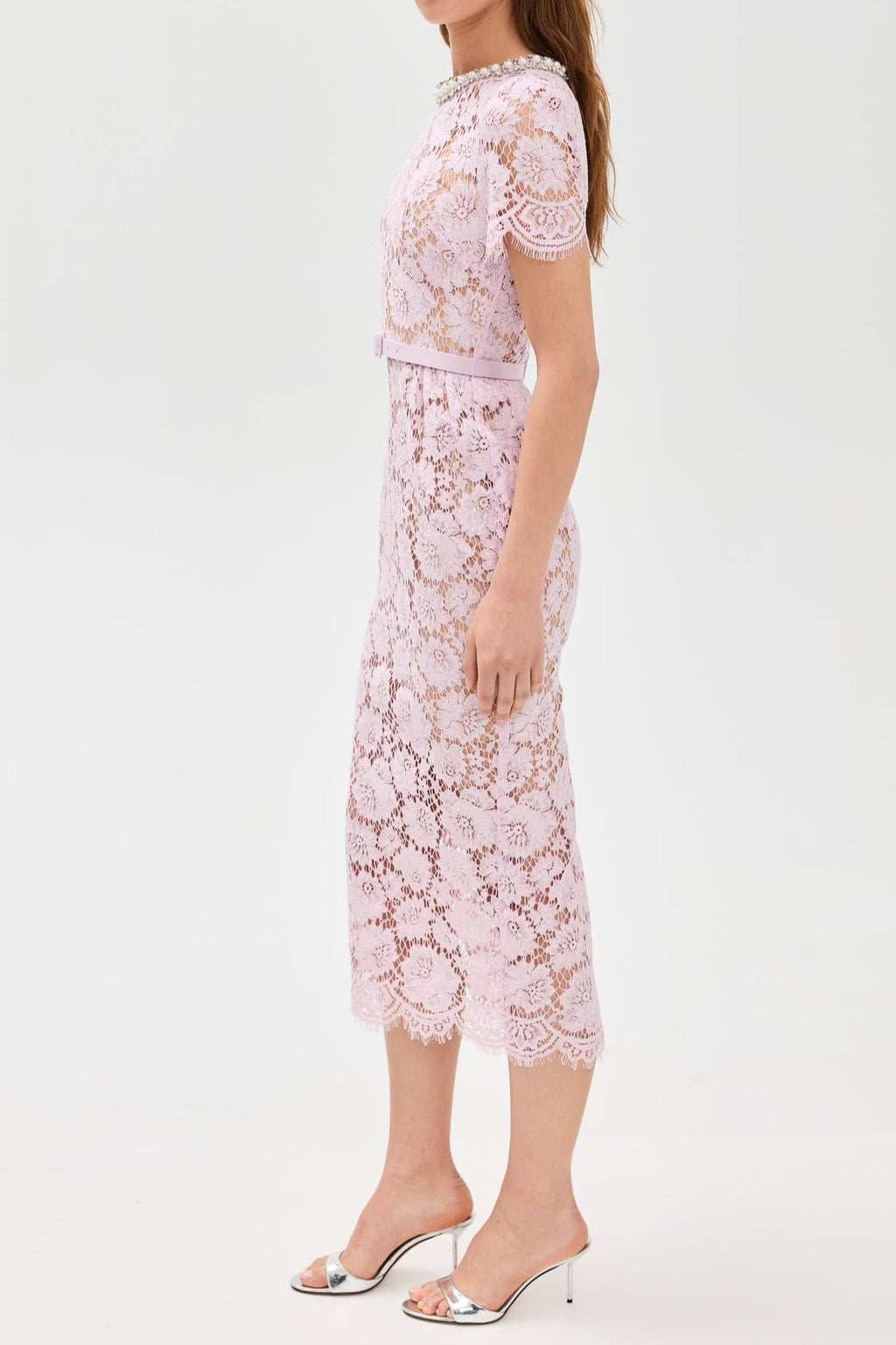 Pink hollow Lace Pearl Midi Dress Soraya