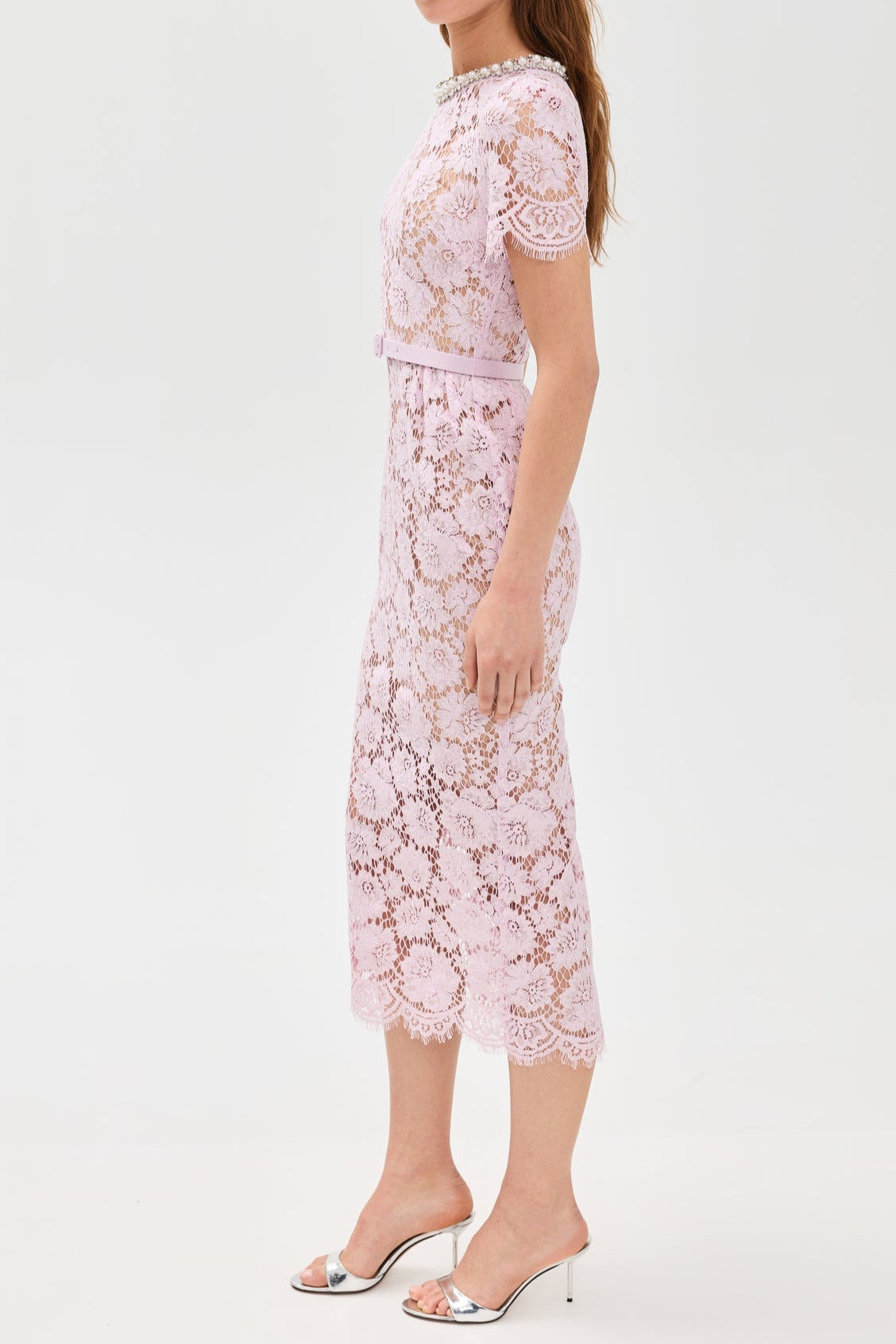 Pink hollow Lace Pearl Midi Dress Soraya