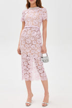 Pink hollow Lace Pearl Midi Dress Soraya