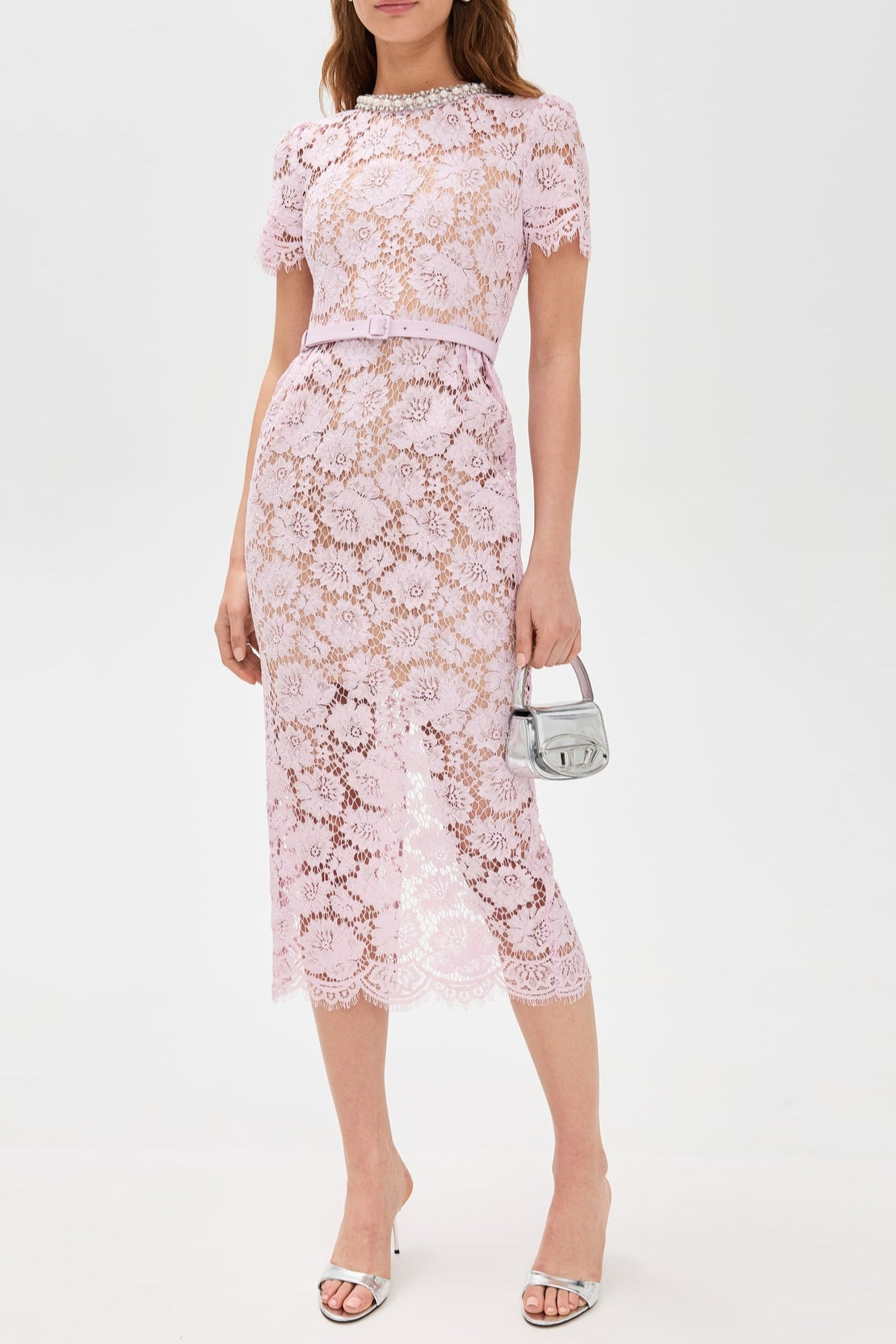 Pink hollow Lace Pearl Midi Dress Soraya