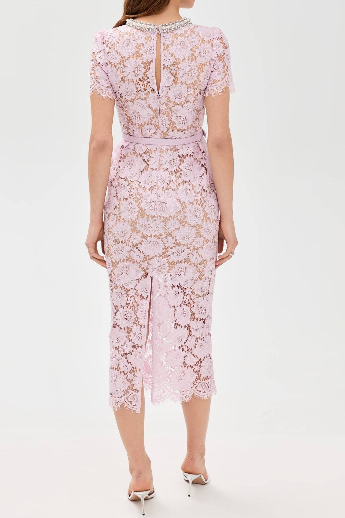 Pink hollow Lace Pearl Midi Dress Soraya