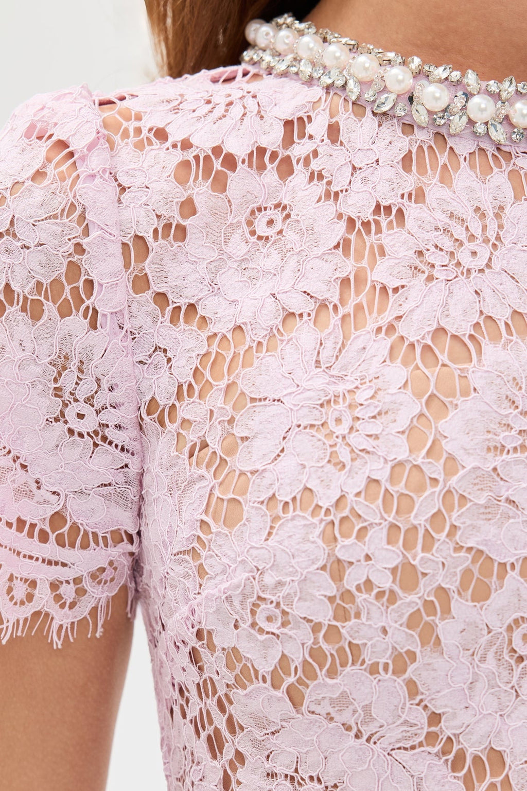 Pink hollow Lace Pearl Midi Dress Soraya