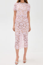 Pink hollow Lace Pearl Midi Dress Soraya
