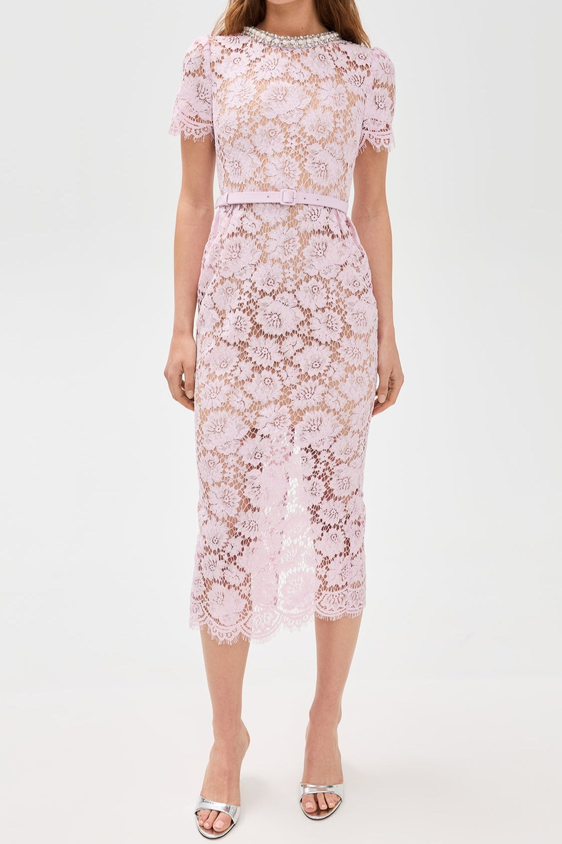 Pink hollow Lace Pearl Midi Dress Soraya