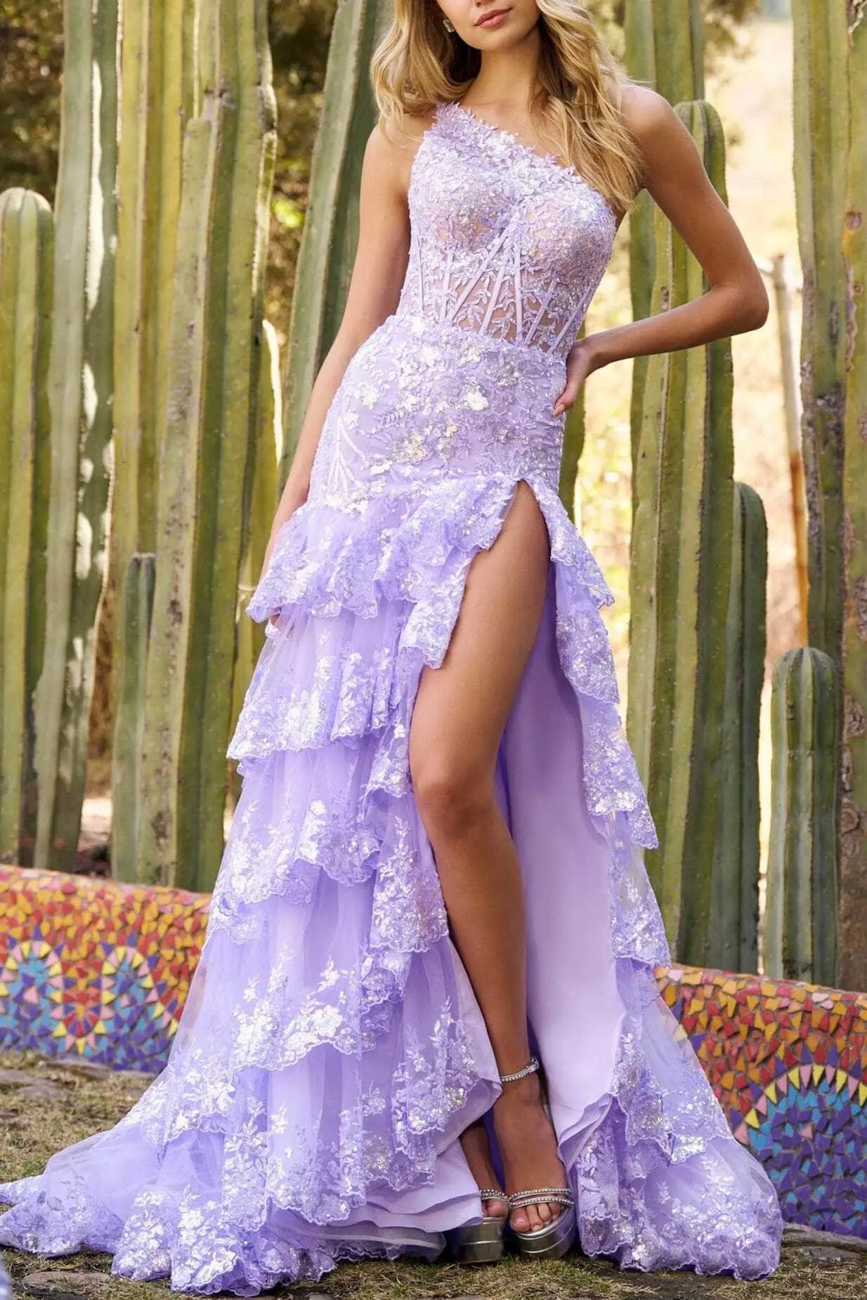 One Shoulder Tiered Prom Dress Avalabel