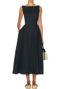 Stretch Cotton Sateen Midi Dress in black Avalabel