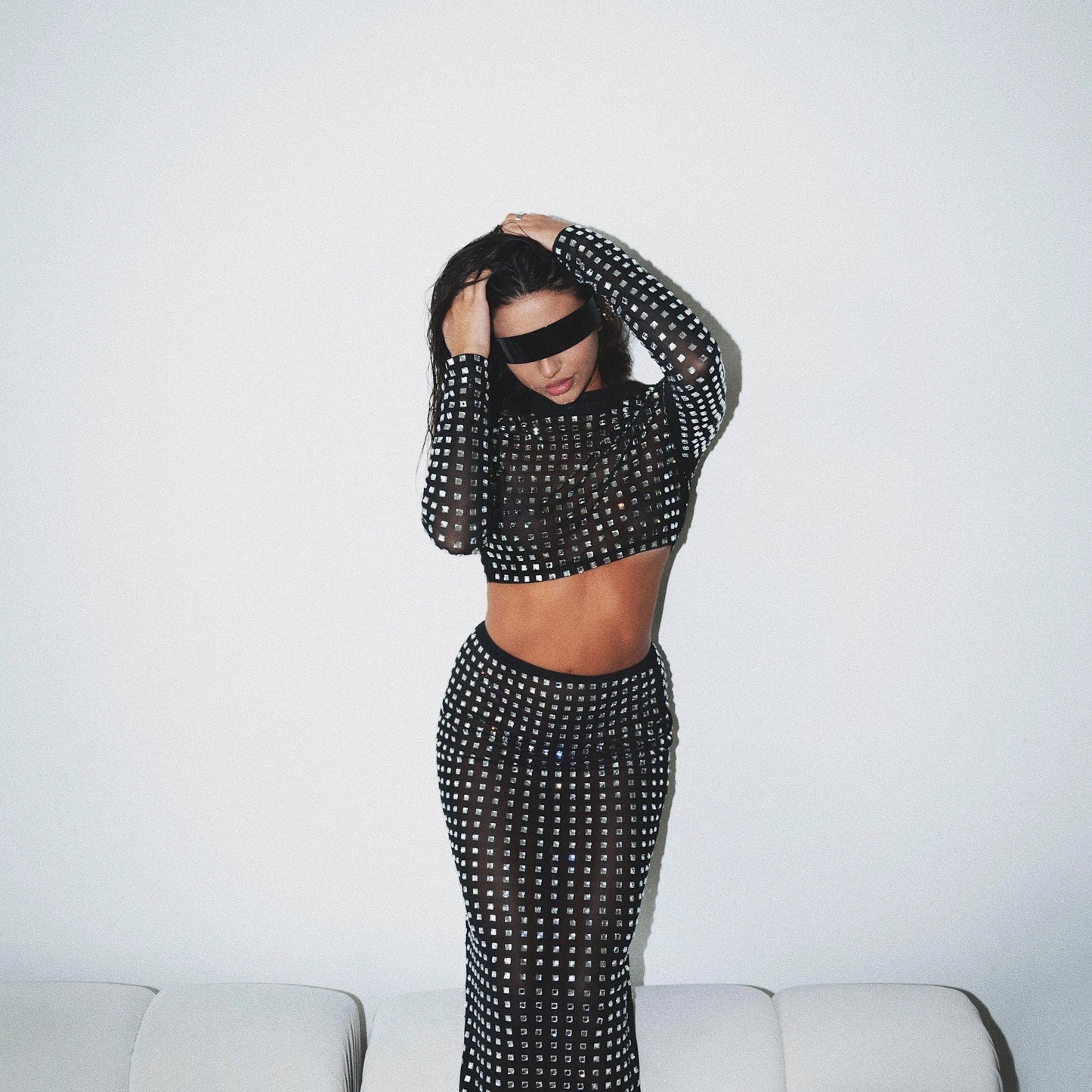 METALLIC SEQUIN Mesh top IN BLACK