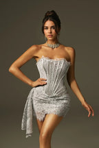 Silver Strapless Lace Corset Mini Dress Avalabel