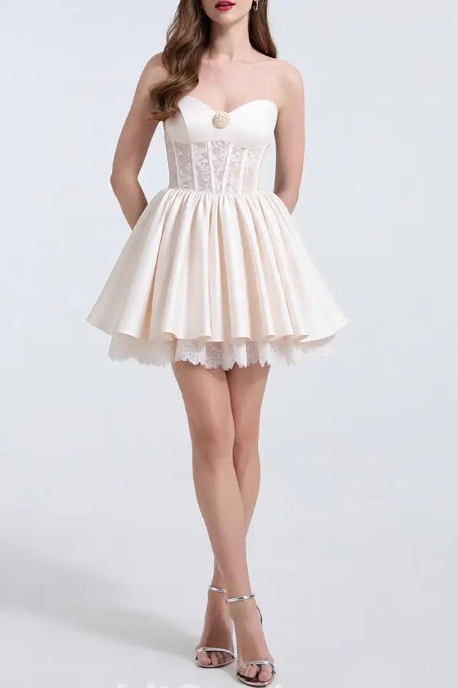 Helen White Flower Strapless Lace Satin Mini Dress Avalabel