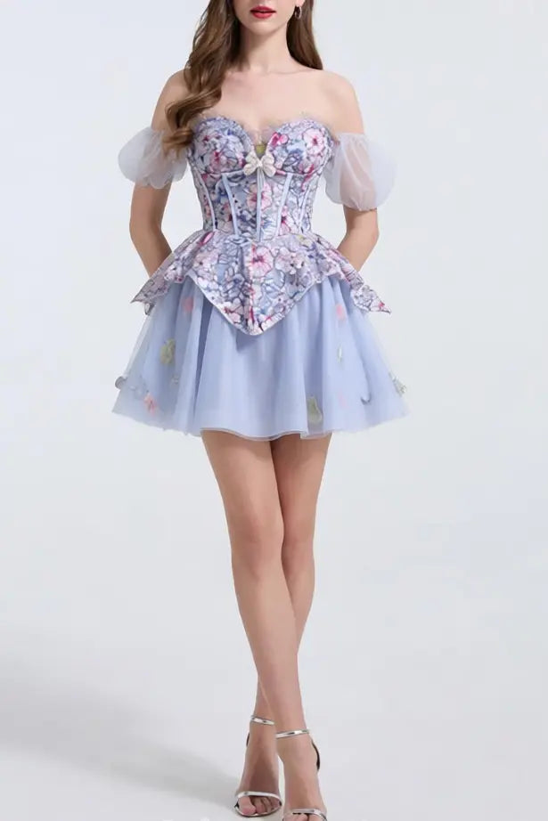 Kelly Floral Print Embroidery Tulle Puffy Mini Dress Avalabel