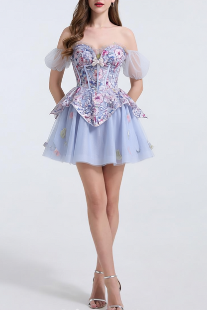 Kelly Floral Print Embroidery Tulle Puffy Mini Dress