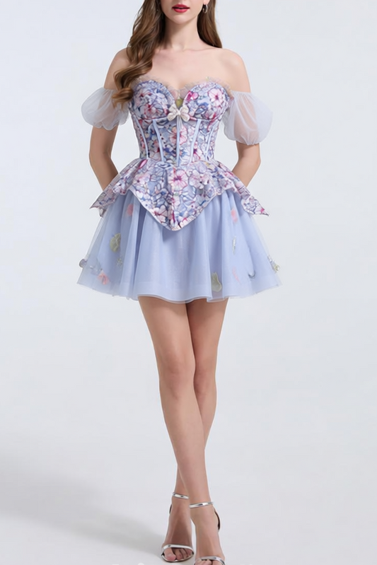 Kelly Floral Print Embroidery Tulle Puffy Mini Dress