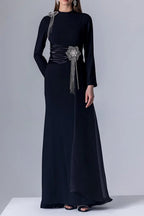 crystal flower Long-sleeve lace pleated maxi dress in blue Avalabel