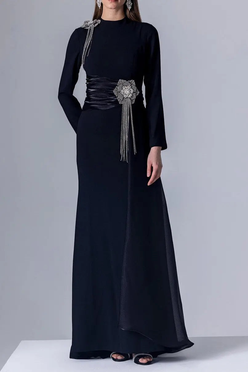 crystal flower Long-sleeve lace pleated maxi dress in blue Avalabel