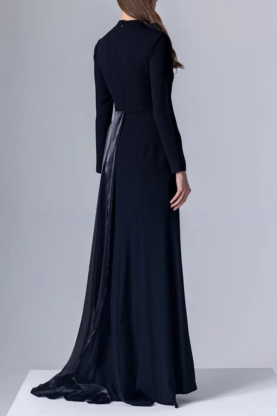 crystal flower Long-sleeve lace pleated maxi dress in blue Avalabel
