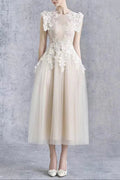 Floral Appliqué Bodice Sleeveless Midi Dress in Beige Avalabel