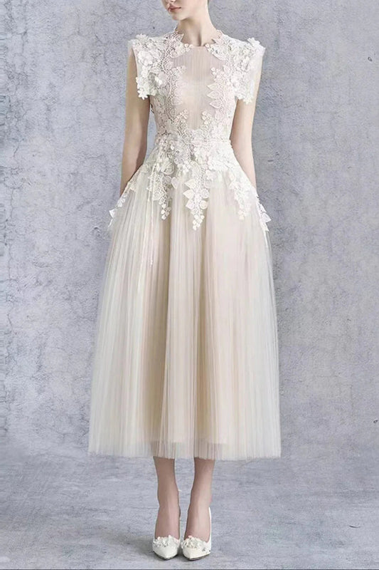 Floral Appliqué Bodice Sleeveless Midi Dress in Beige