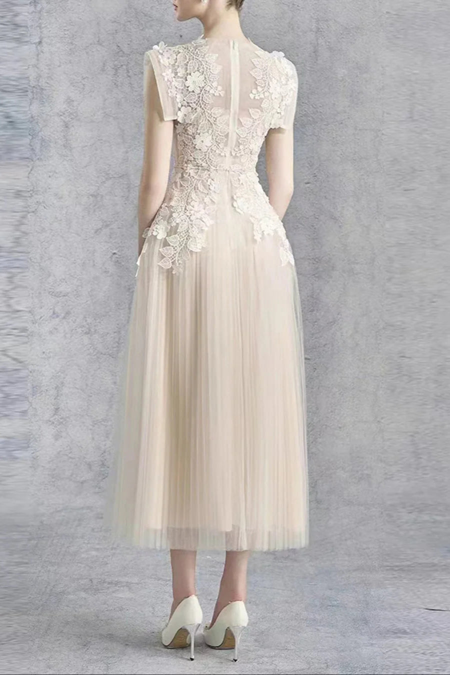 Floral Appliqué Bodice Sleeveless Midi Dress in Beige Avalabel