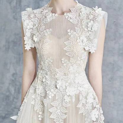 Floral Appliqué Bodice Sleeveless Midi Dress in Beige
