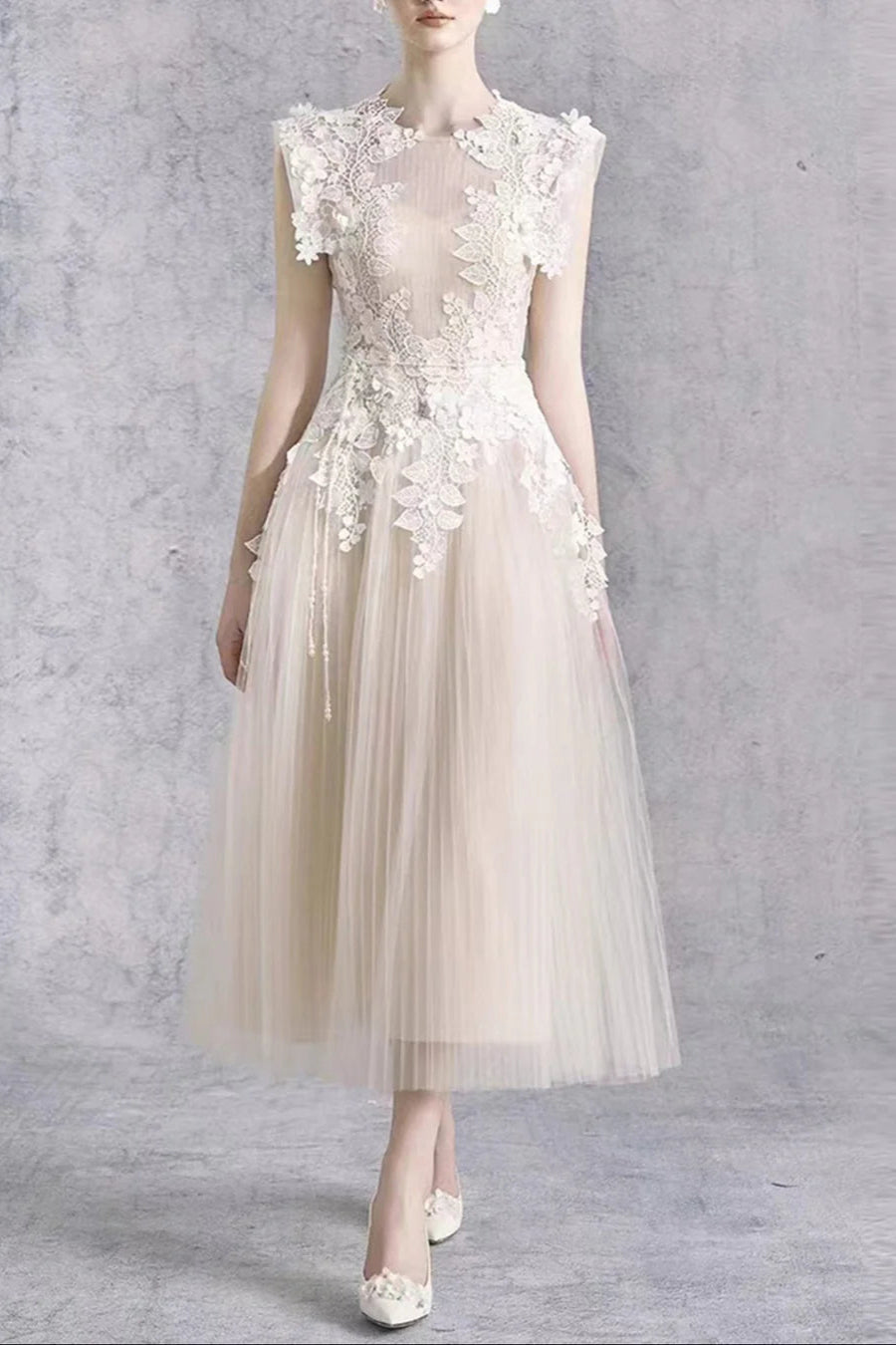 Floral Appliqué Bodice Sleeveless Midi Dress in Beige Avalabel