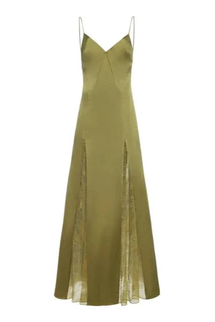 Green Exclusive Lace-Inset Silk Maxi Slip Dress Soraya