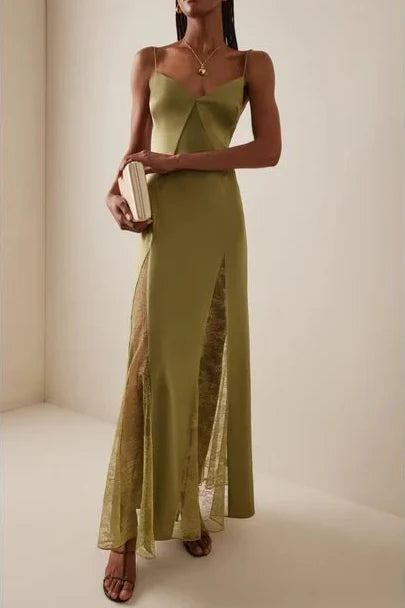 Green Exclusive Lace-Inset Silk Maxi Slip Dress Soraya
