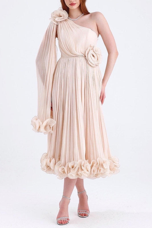 simona one shoulder 3d flower ruffle hem maxi dress in apricot