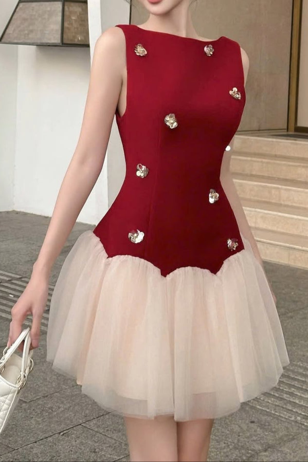 Beryl 3D Flower Patchwork Tulle Mini Dress in Red Avalabel
