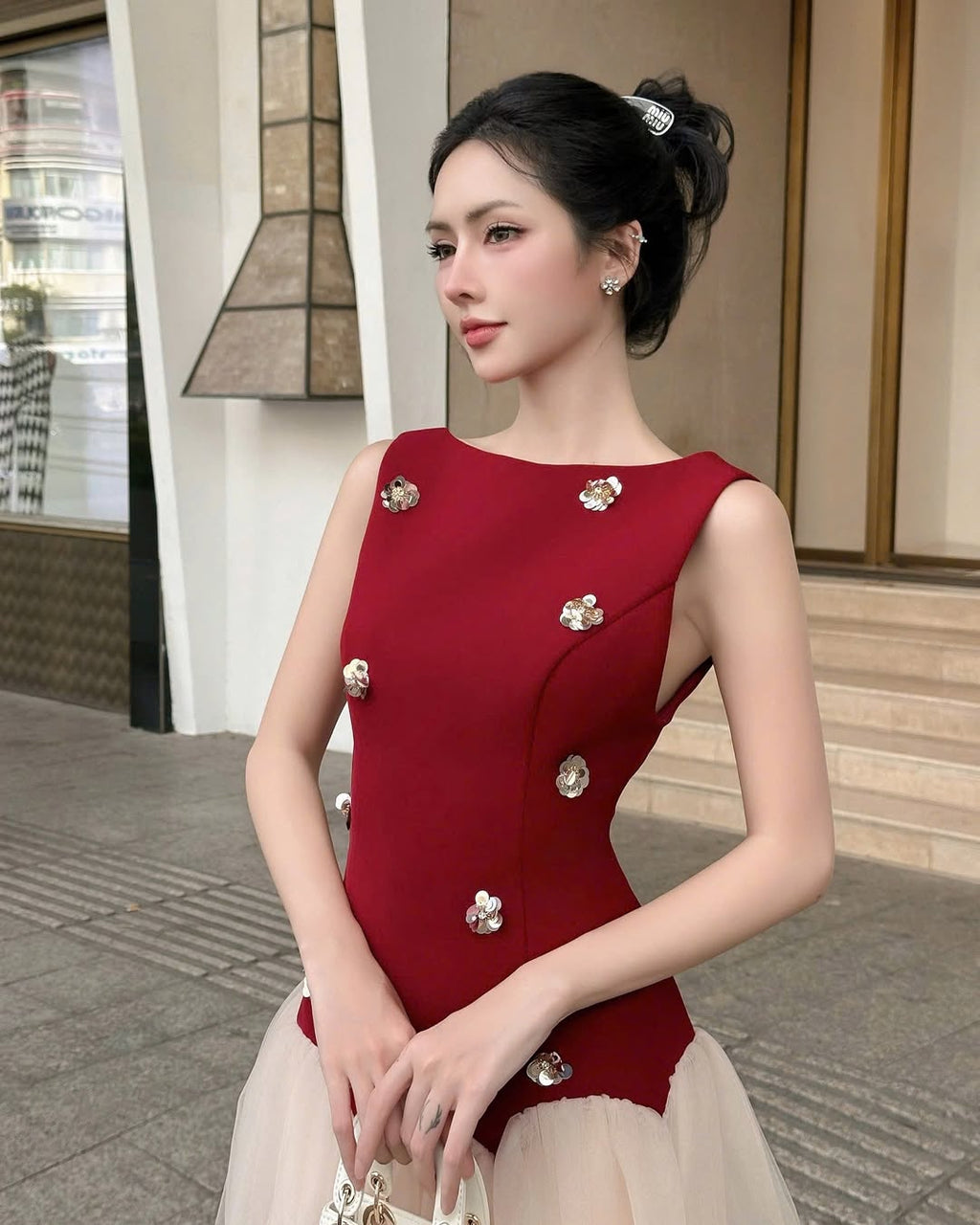 Beryl 3D Flower Patchwork Tulle Mini Dress in Red Avalabel
