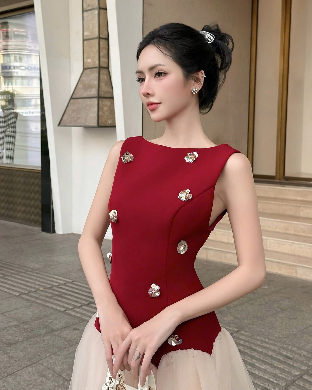 Beryl 3D Flower Patchwork Tulle Mini Dress in Red Avalabel