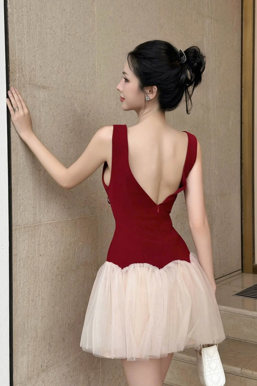 Beryl 3D Flower Patchwork Tulle Mini Dress in Red Avalabel