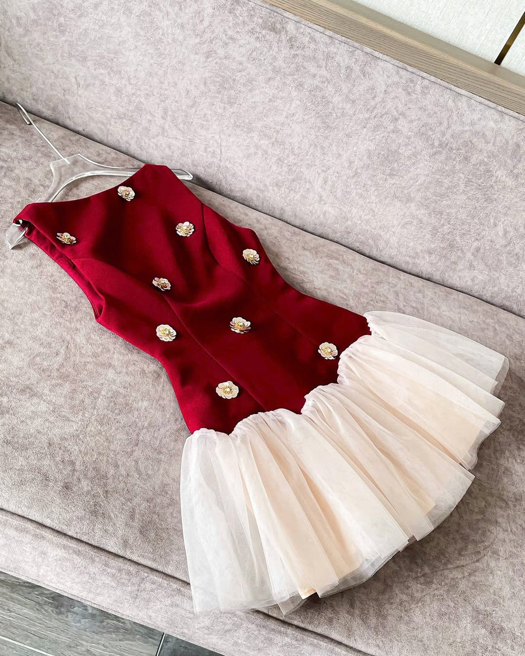 Beryl 3D Flower Patchwork Tulle Mini Dress in Red Avalabel