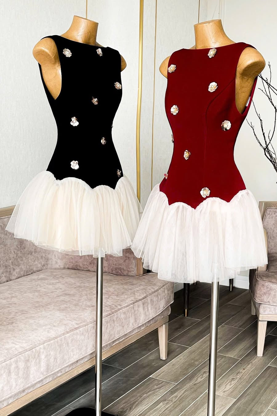 Beryl 3D Flower Patchwork Tulle Mini Dress in Red Avalabel