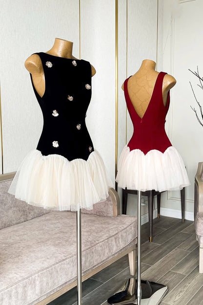 Beryl 3D Flower Patchwork Tulle Mini Dress in Red