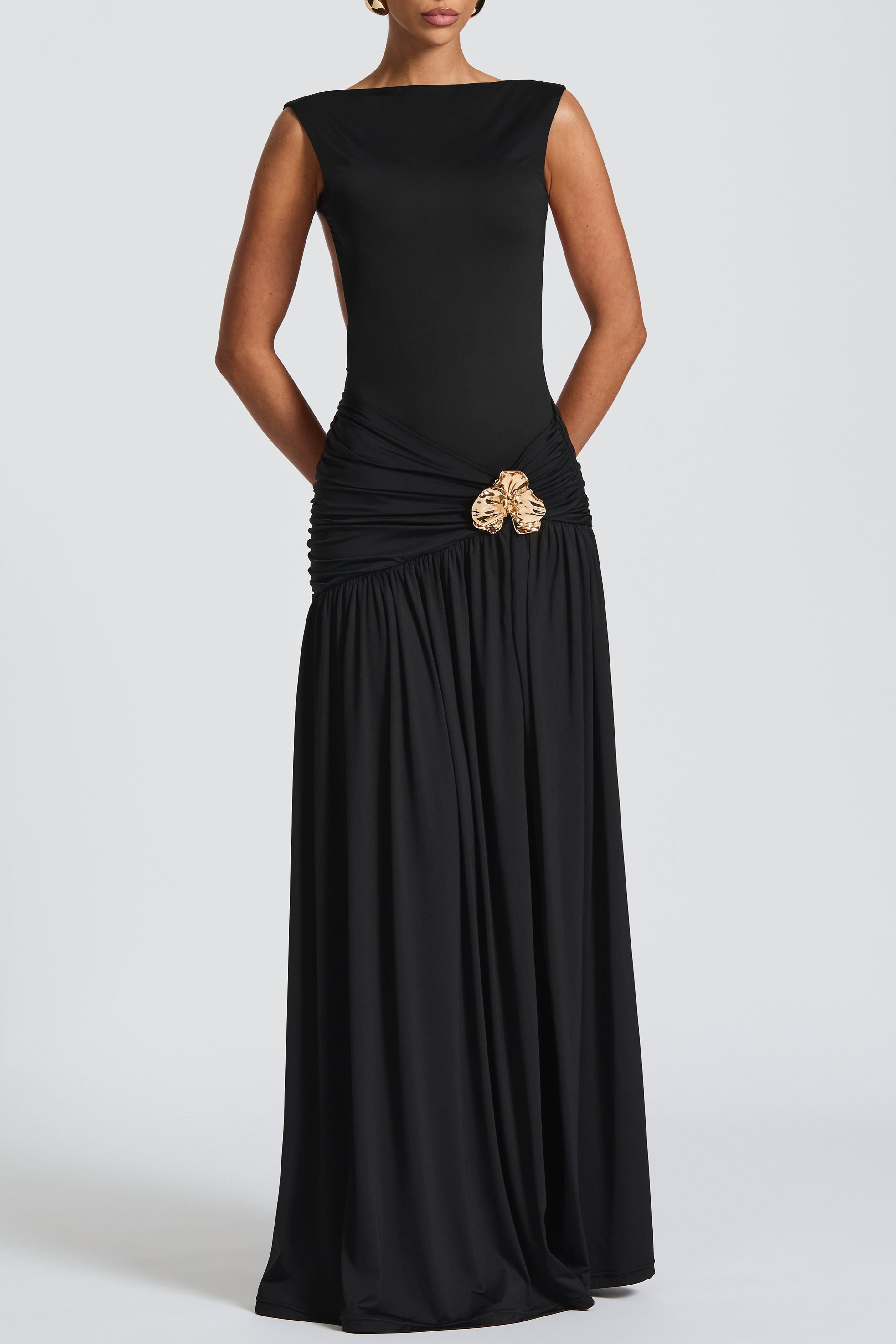 Tori Pleated High Slit Bodysuit - Black Avalabel