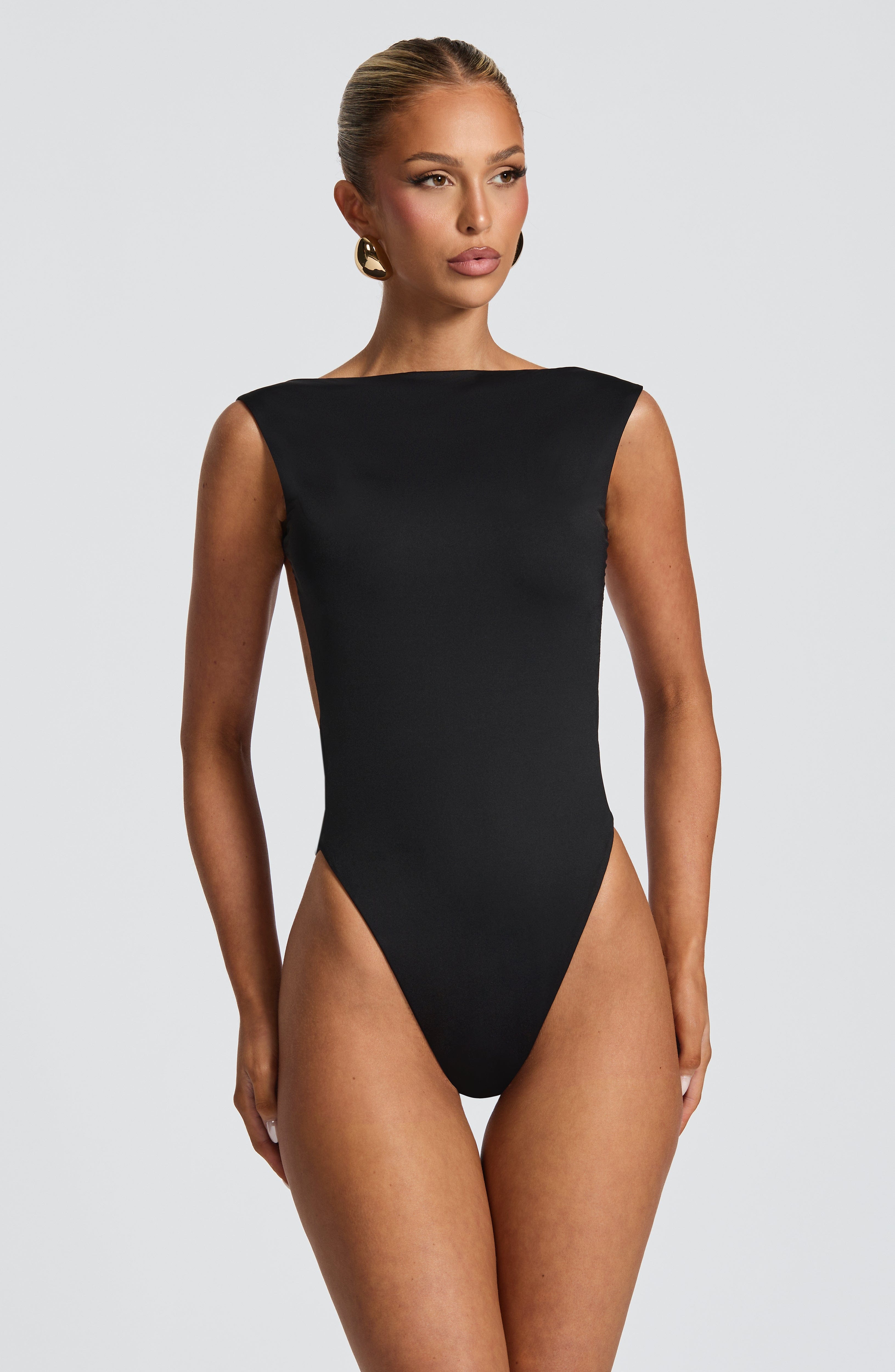 Tori Pleated High Slit Bodysuit - Black Avalabel