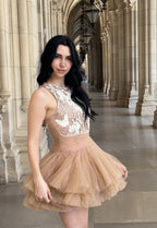 Ballerina |  Beige Tulle Mini Dress with 3D Applique Avalabel