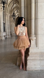 Ballerina |  Beige Tulle Mini Dress with 3D Applique Avalabel