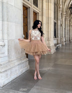 Ballerina |  Beige Tulle Mini Dress with 3D Applique Avalabel