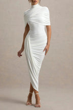 Asymmetric Cape Ruched Midi Dress - White Avalabel