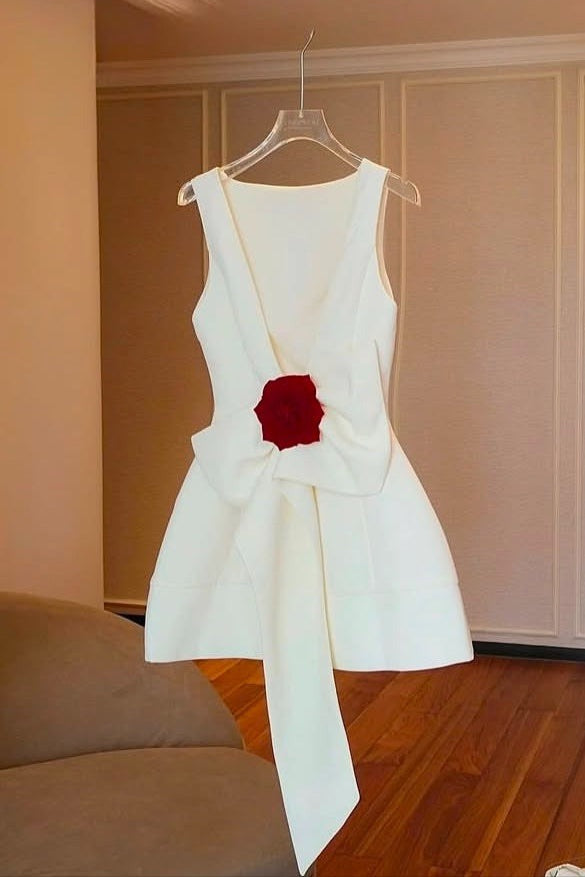 Joanna backless flower bow embellished mini dress in white Avalabel