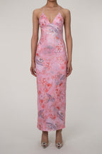 Printed Strappy Butterfly Backless Plunge Sheath Slip Maxi Dress Avalabel