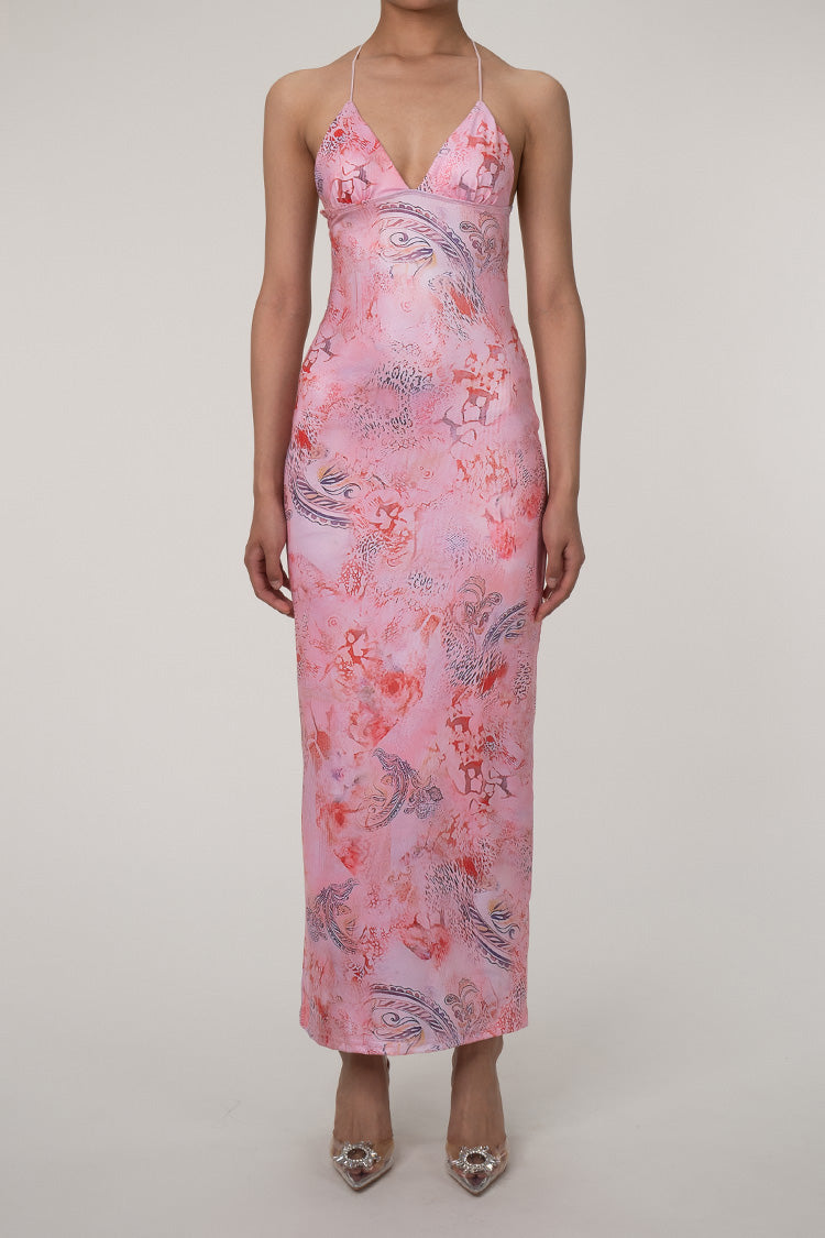 Printed Strappy Butterfly Backless Plunge Sheath Slip Maxi Dress Avalabel