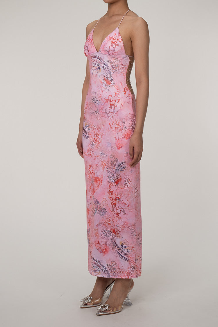 Printed Strappy Butterfly Backless Plunge Sheath Slip Maxi Dress Avalabel