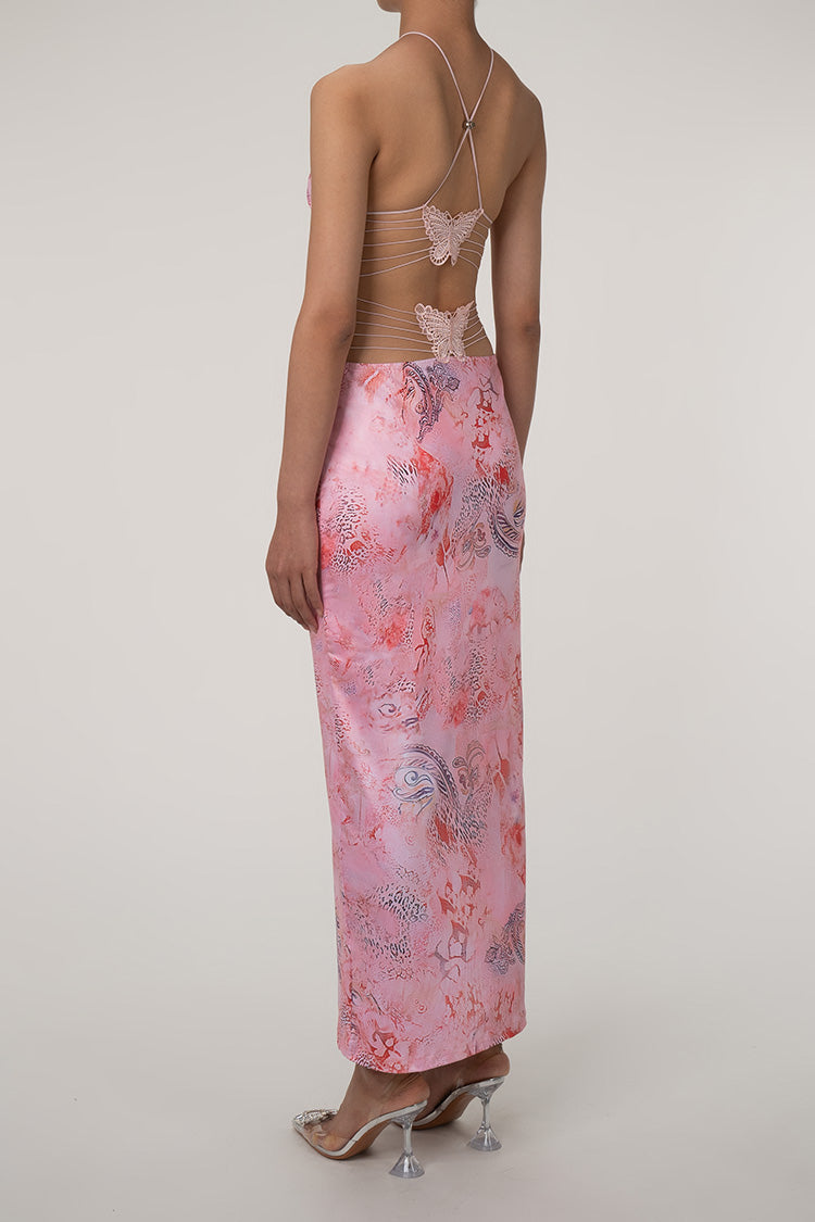 Printed Strappy Butterfly Backless Plunge Sheath Slip Maxi Dress Avalabel