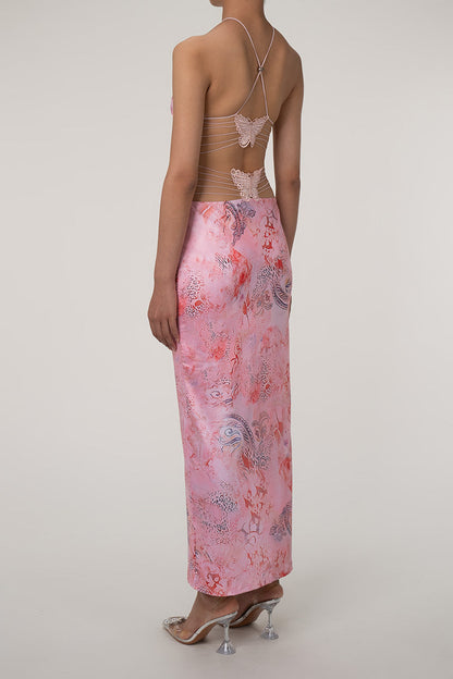 Printed Strappy Butterfly Backless Plunge Sheath Slip Maxi Dress