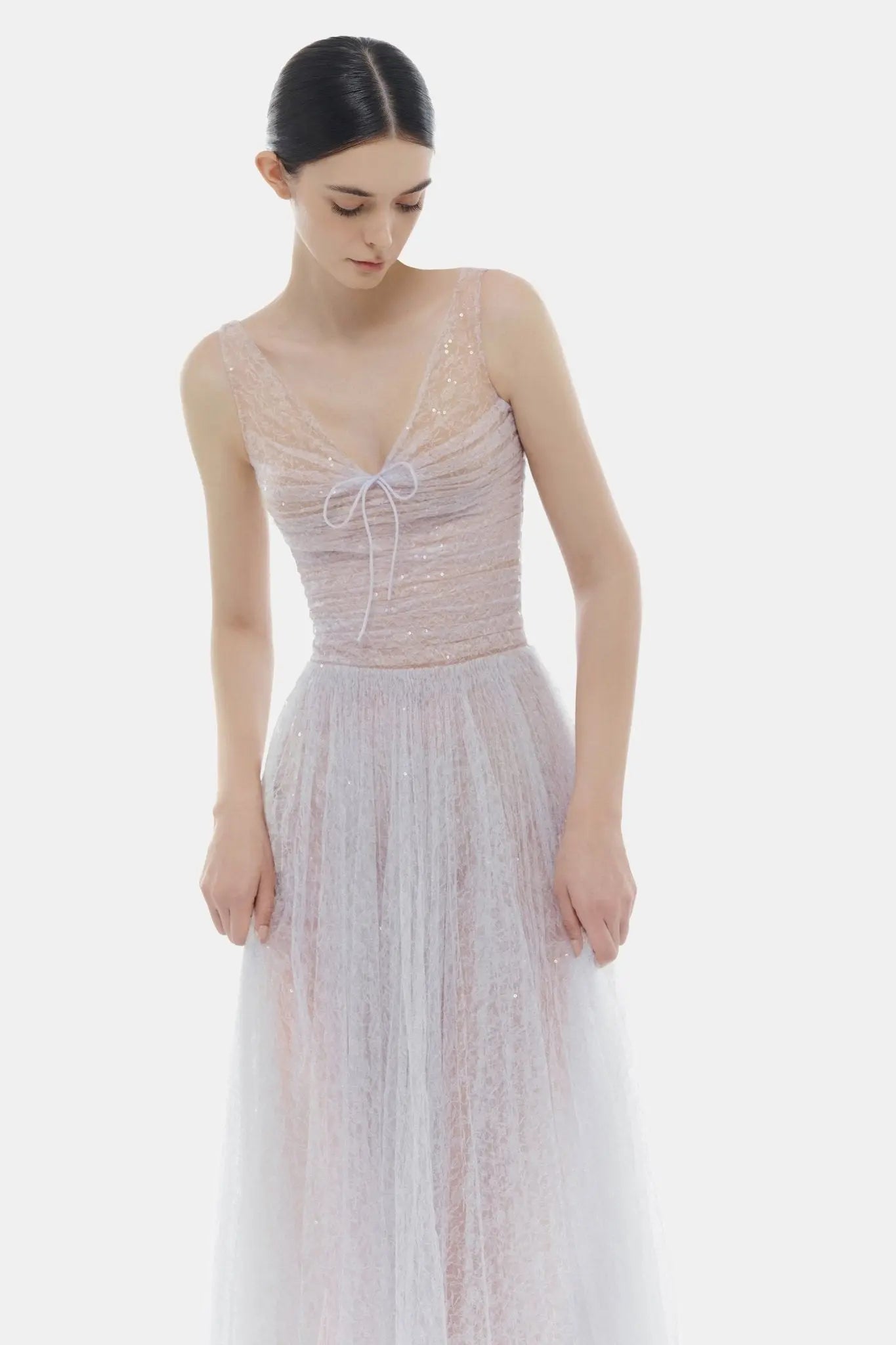 monica violet draped tulle fishbone maxi dress Avalabel