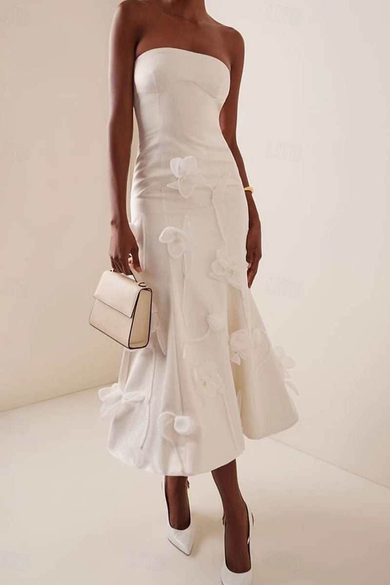 3D Floral Applique Sleeveless Midi Dress in White Avalabel